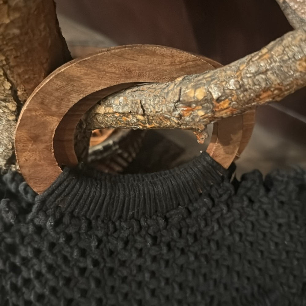Danielle Nicole Black Macram Purse Wooden Handles… - image 3